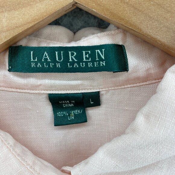 Lauren Ralph Lauren Shirt Womens Large Pink Linen Roll Tab Sleeve Button Collar - Picture 7 of 10